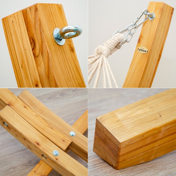 12625 Hängematte mit Holz Gestell 310x120 cm, 150 kg belastbar, incl. Befestigungsmaterial, Karabiner usw.