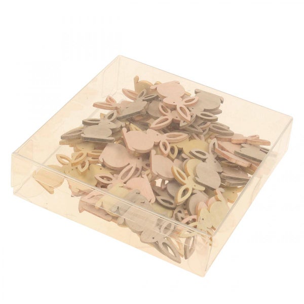 Dekorative Hasenfiguren aus Holz in einer transparenten Schachtel