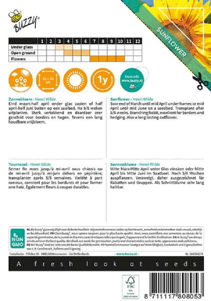 Rückseite der Buzzy Samentüte Henri Wilde Sonnenblumen mit Buzzy Logo, Anbaukalender, Symbolen für Sonne und Abstand sowie GVO-frei Siegel.