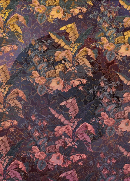 Floral gemustertes Textil mit Blättern, Blumen und Löwen