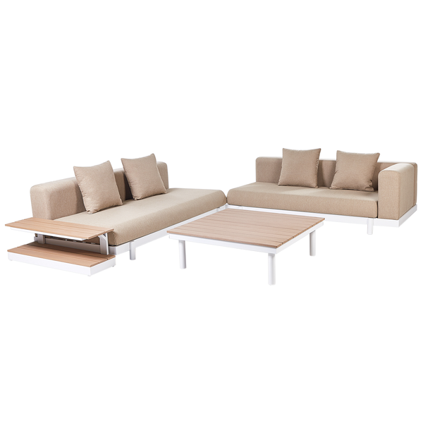 Modernes Garten-Lounge-Set aus weißem Aluminium mit beigen Polstern, zwei Sofas, einem Beistelltisch und einem quadratischen Loungetisch.
