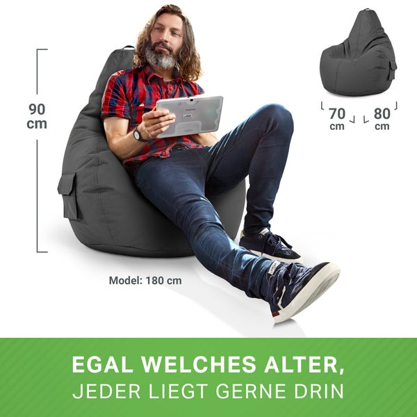 Green Bean Sitzsack mit Rückenlehne 80x70x90cm - Gaming Chair mit 230L Füllung Kuschelig Weich Waschbar - Bean Bag Bodenkissen Lounge Chair Sitzhocker Relax-Sessel Gamer Gamingstuhl Anthrazit