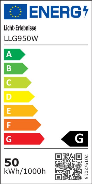 EU Energieeffizienzlabel fuer Licht Erlebnisse Modell LLG950W mit Energieeffizienzklasse G und einem Verbrauch von 50 Kilowattstunden pro 1000 Stunden