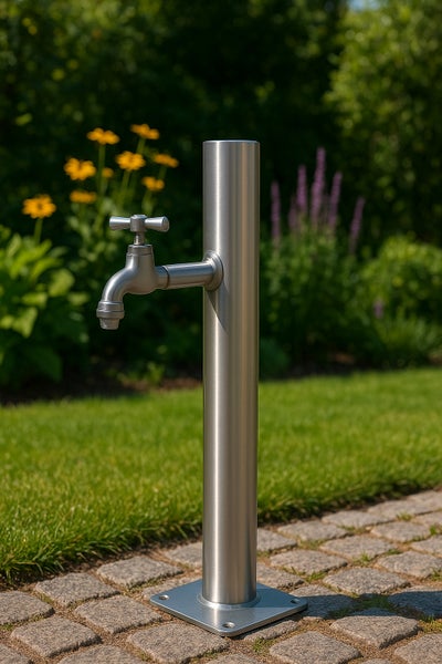 Garten-Wasserzapfsäule aus Edelstahl mit Wasserhahn, auf Steinpflaster im Garten neben einer Rasenfläche stehend.