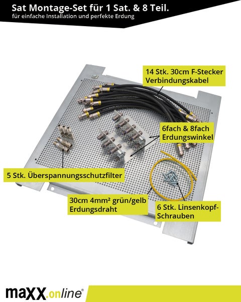 Sat Montage-Set für 5 in 8 Multischalter, 1 Satelliten und 8 Teilnehmer mit 400x400x18mm Montageplatte, Sat-Überspannungsschutz, Erdungswinkel, Cabelcon 30cm Patchkabel