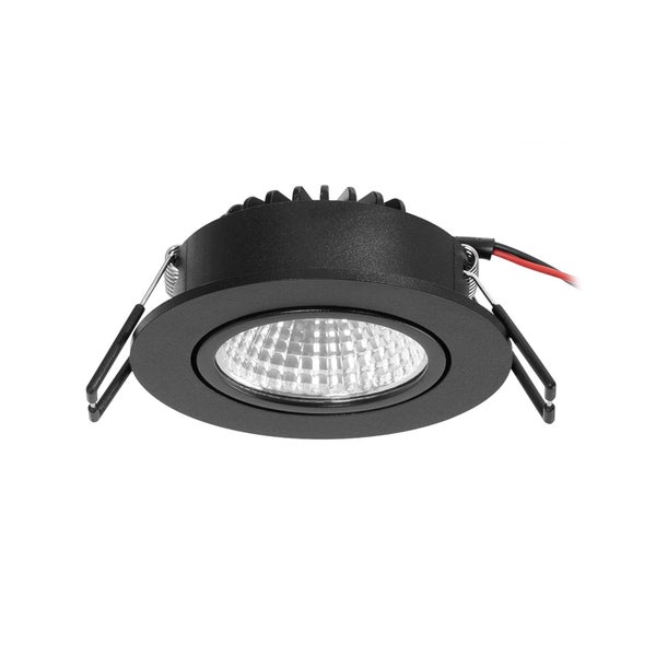 Runder LED-Einbaustrahler in Schwarz mit strukturiertem Reflektor und rückseitigem Kühlkörper.
