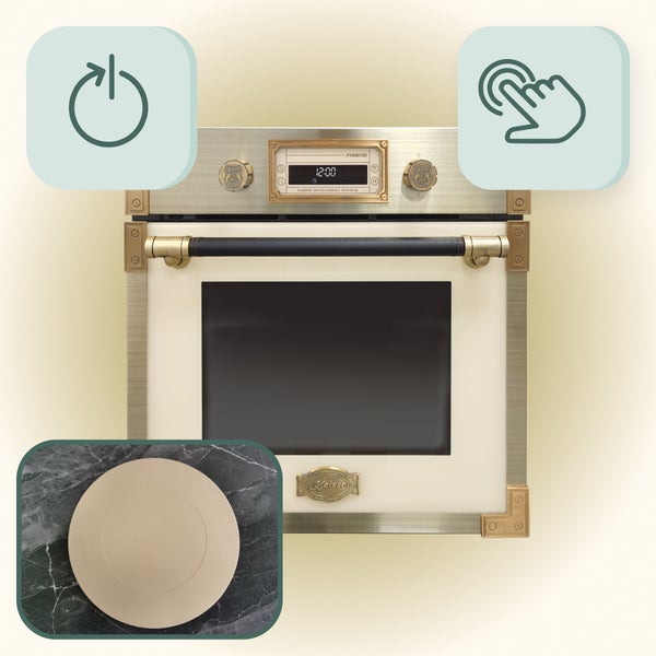 Einbaubackofen im Vintage-Design von Kaiser mit Touch-Bedienung und Pyrolyse-Reinigungsfunktion sowie einem Pizzastein als Zubehör.