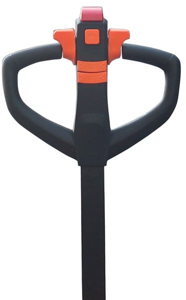 Deichselgriff eines Elektro-Hubwagens mit ergonomischen Griffen und Bedienelementen.