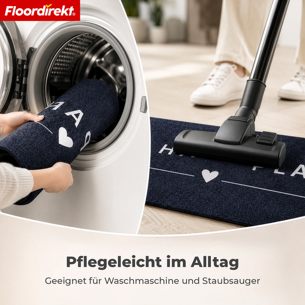 Floordirekt Logo. Waschbare und staubsaugergeeignete Motivmatte in Dunkelblau, die gereinigt wird.