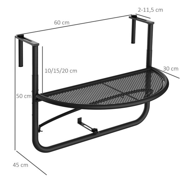 Outsunny Balkonhängetisch Hängetisch Gartentisch höhenverstellbar halbrund Ø30 cm Terrasse Metall Weiß L60 x B45 x H50 cm