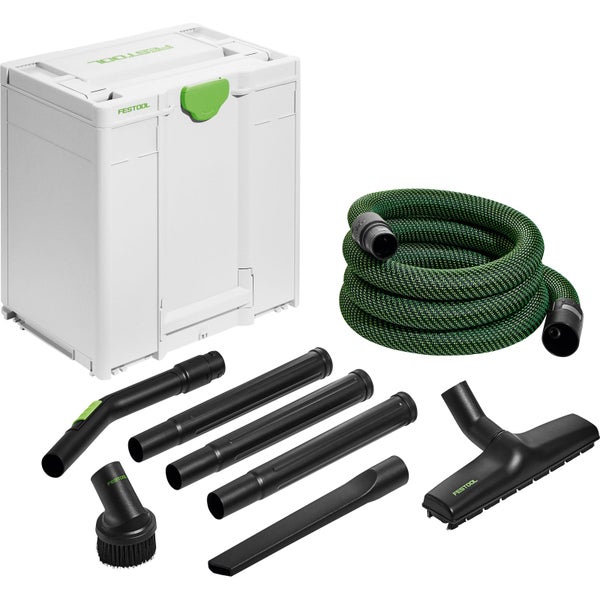 Festool Reinigungsset mit Systainer, Saugschlauch, Bodendüse, Saugrohren, Fugendüse und Saugpinsel.