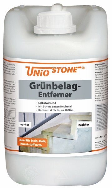 Unio Stone Grünbelag-Entferner Konzentrat für Stein, Holz und Kunststoff, circa 1000 Quadratmeter Reichweite, im Kunststoffkanister.