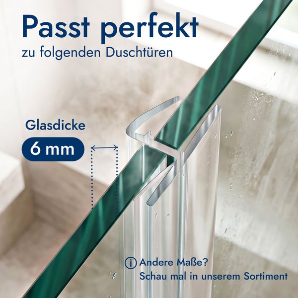 Nahaufnahme eines Duschdichtungsprofils für eine Glasdicke von 6 Millimetern an einer Duschtür aus Glas.
