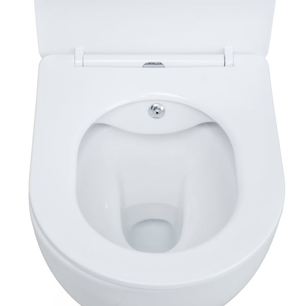 Draufsicht auf ein weißes, spülrandloses Dusch-WC aus Keramik mit geöffnetem Deckel und integrierter Duschdüse.