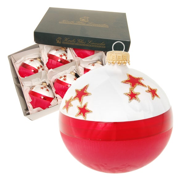Eisweiß/Rot 8cm Glaskugel mit roten Sternen (6 Stück), 6 Stck., Weihnachtsbaumkugeln, Christbaumschmuck, Weihnachtsbaumanhänger