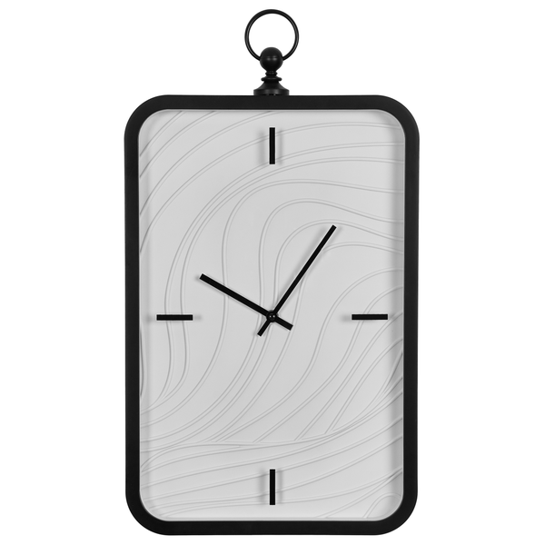 Rechteckige Wanduhr mit Wellenmuster auf dem Zifferblatt und schwarzem Metallrahmen zur Wandmontage.