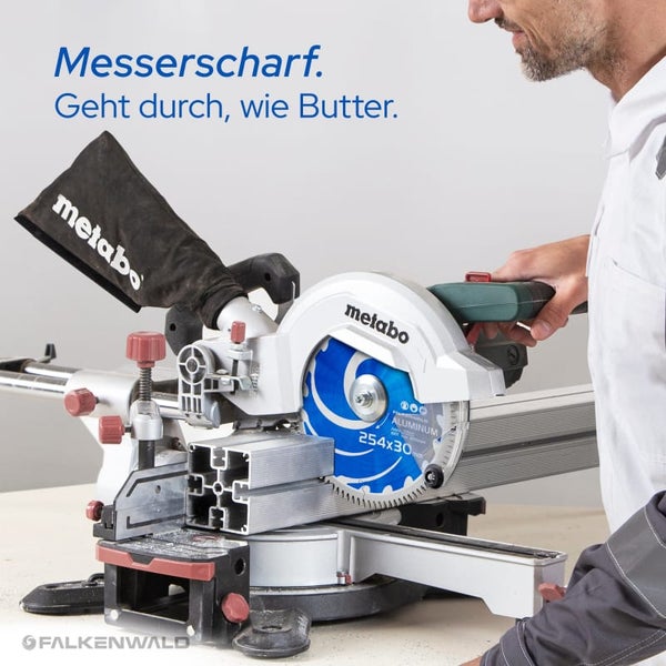 FALKENWALD ® Sägeblatt 254x30 Aluminium 100 Zähne - Kreissägeblatt 254 x 30 Aluminium - Kompatibel mit Bosch GTS 10 XC, PTS 10 Tischkreissäge & Metabo Kappsäge KGS 254 M - 254x30