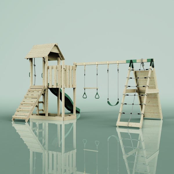 Spielturm aus Holz mit Rutsche, Schaukel und Kletterwand für den Garten