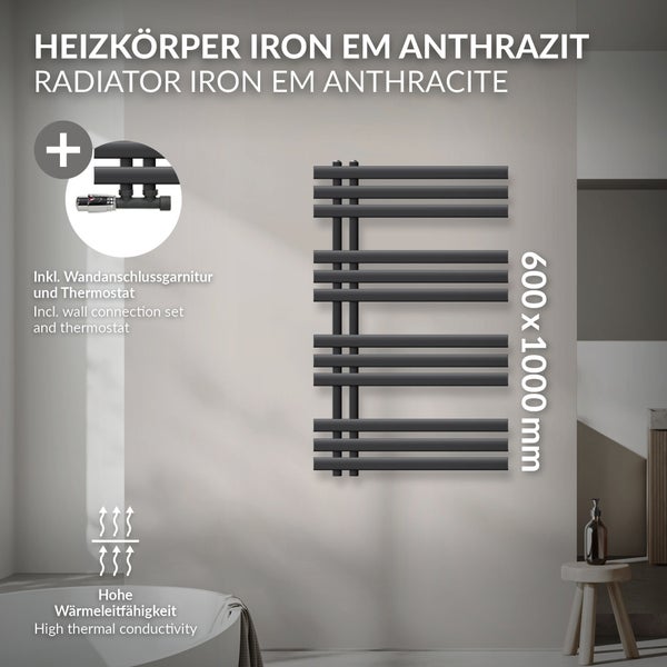 LuxeBath Badheizkörper Iron EM 600x1000 mm Anthrazit Mittelanschluss mit Anschlussgarnitur und Thermostat Eck Wand, Design Heizkörper Bad Heizung Handtuchwärmer Handtuchtrockner Handtuchheizkörper