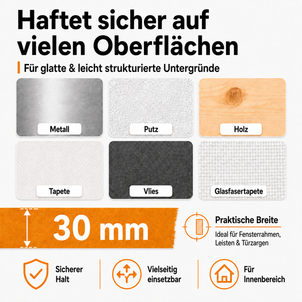 30 Millimeter Klebeband für Metall, Putz, Holz, Tapete und Vlies. Ideal für Fensterrahmen und Leisten. Sicherer Halt, für den Innenbereich geeignet.