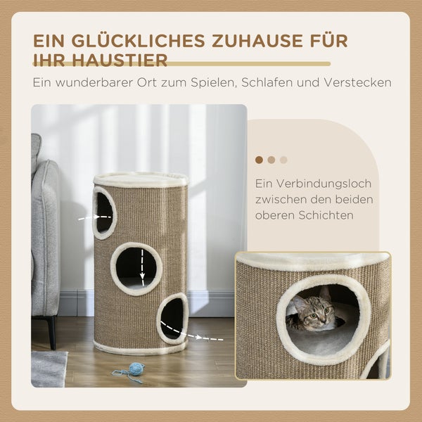 PawHut Kratztonne, Höhe 70 cm, Spieltonne für Katzen, 3 Ebenen, Katzenkratzbaum mit 3 Höhlen, Katzenbaum, Kratzturm aus Sisal, Katzenmöbel, Plüsch, Braun