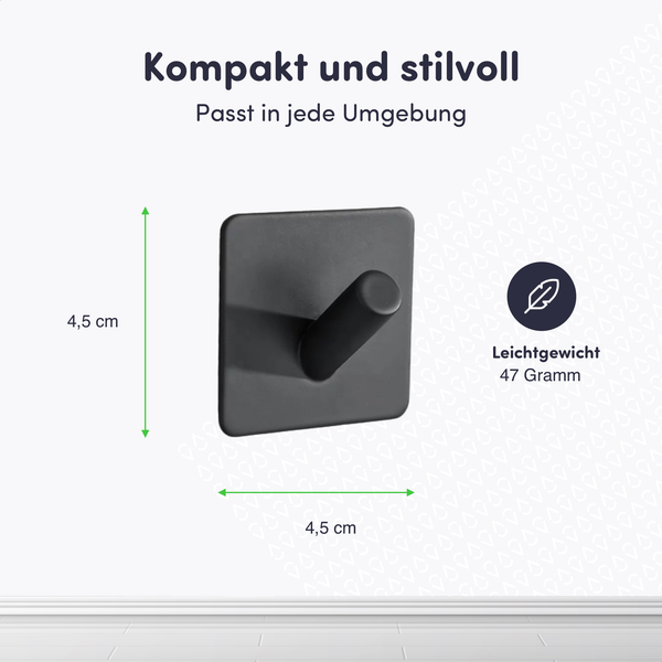 Quadratischer schwarzer Wandhaken mit Abmessungen von 4,5 Zentimeter mal 4,5 Zentimeter und einem Gewicht von 47 Gramm.