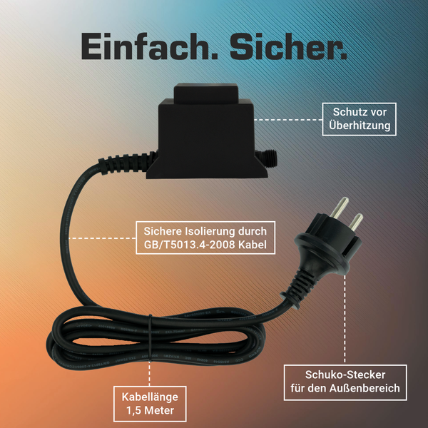 Transformator mit 1,5 Meter Kabel, Schuko-Stecker für den Außenbereich, Überhitzungsschutz und sicherer Isolierung.
