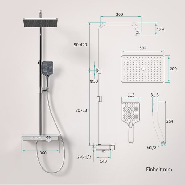 Duschsystem mit Regenduschkopf, Handbrause und Thermostat, inklusive technischer Zeichnung mit Maßangaben in Millimetern.