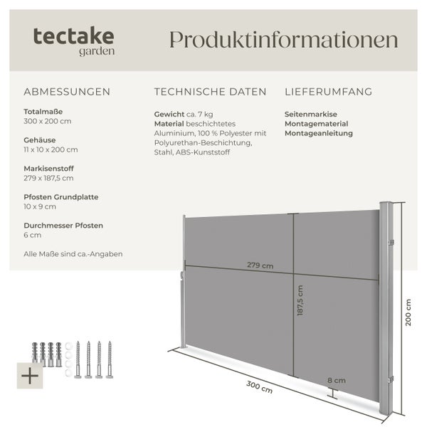Seitenmarkise tectake  200 x 300 cm aus Aluminium grau