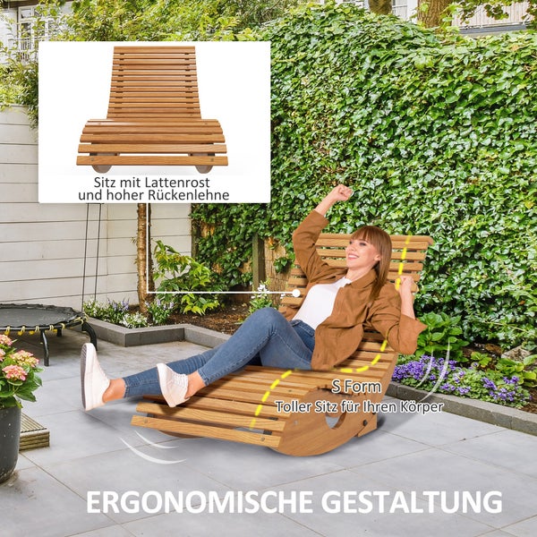 Outsunny Schaukelstuhl, Schaukelliege Holz, Gartenliege, Ergonomisch Schwingstuhl mit S-Form, Kippschutz, bis 120 kg belastbar für Balkon, Terrasse, Teak, 130 x 60 x 60 cm