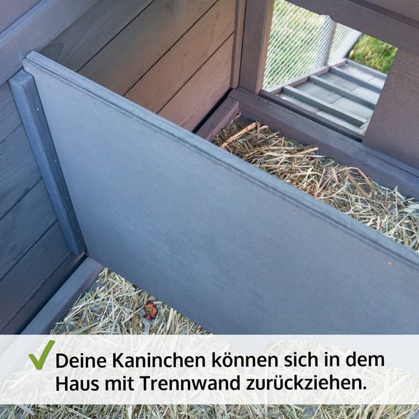 Innenansicht eines Kleintierhauses aus Holz mit einer Trennwand und Stroh auf dem Boden.