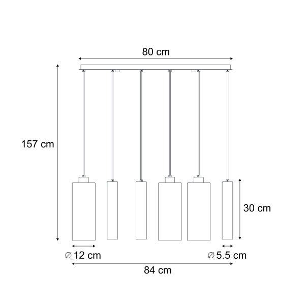 Technische Zeichnung einer Pendelleuchte mit sechs Leuchten, Abmessungen sind angegeben