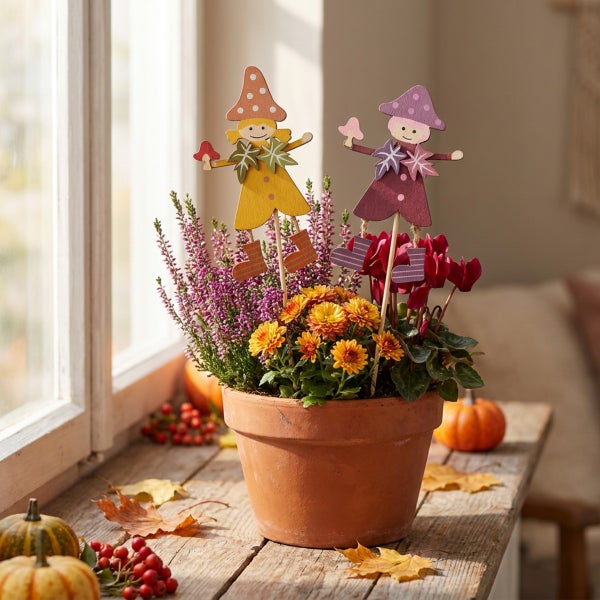 Herbstliche Blumendekoration im Tontopf mit zwei Holzsteckern in Wichteloptik auf einem Holztisch am Fenster mit Kürbissen und Blättern.