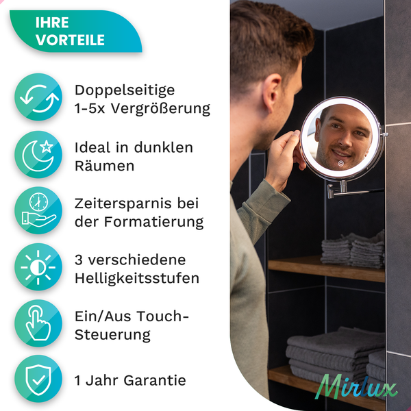 Mirlux Make Up Spiegel mit LED Beleuchtung, Kosmetikspiegel 7X Vergrößerung Rund Wandmodell Chrom