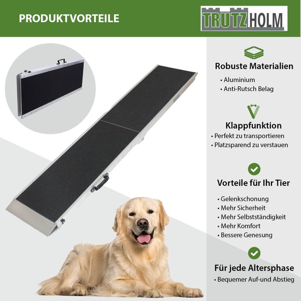 Tragbare, klappbare Hunderampe aus Aluminium mit Antirutschbeschichtung und TrutzHolm Logo.