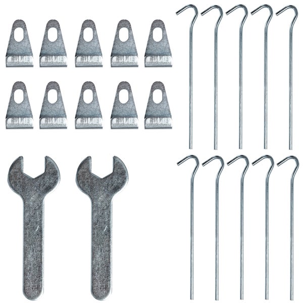 Montage-Set bestehend aus zehn Befestigungsklemmen, zehn Haken aus Metall und zwei Maulschlüsseln.