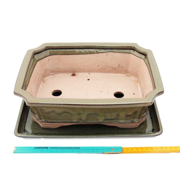 Bonsai-Schale mit Unterteller Gr. 5 - Oliv-Braun - eckig - Modell G4 - L 31cm - B 23cm - H 9,5 cm