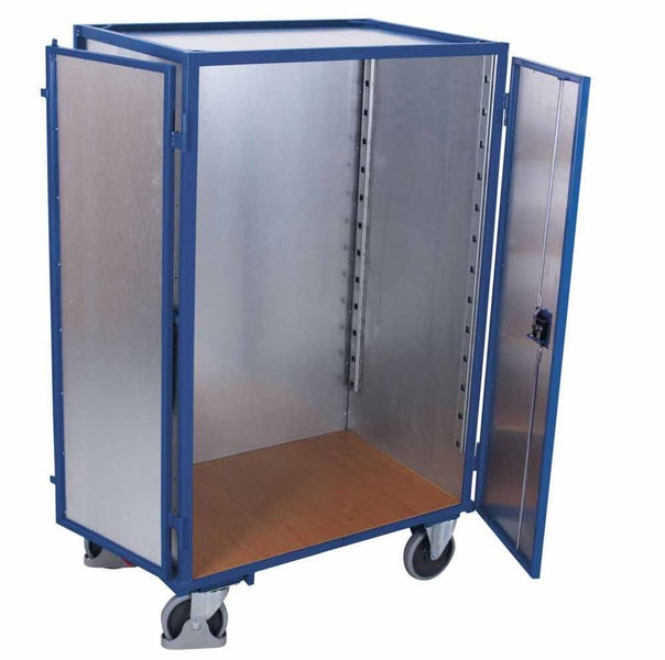 Blauer Metall-Schrankwagen mit zwei geöffneten Türen, Holzboden und vier Lenkrollen.