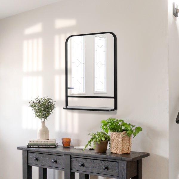 HOMCOM Wandspiegel 70 x 50cm Hängespiegel Moderne Wohnzimmerspiegel Rechteckige Dekospiegel mit Ablage für Eingangsbereich Schlafzimmer Elegant Metall Schwarz