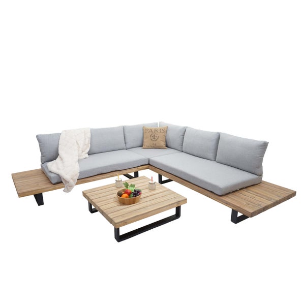 Garten-Lounge-Set aus Holz mit grauen Sitzkissen und quadratischem Couchtisch. Ecksofa mit integrierten Seitenablagen und schwarzen Metallfüßen.