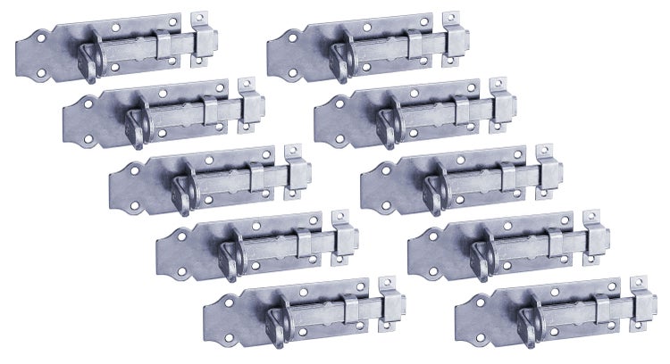 Set von zehn Riegelschloesser aus Metall fuer Tore und Tueren.