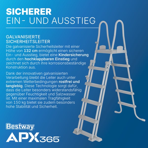 Bestway Logo. APX365 Pool-Sicherheitsleiter, 132 Zentimeter hoch, aus galvanisiertem Stahl, mit hochklappbaren Stufen zur Kindersicherung.