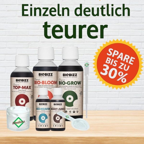 Biobizz Düngerset mit Bio-Bloom, Bio-Grow, Top-Max, Bio-Heaven, Root-Juice, Messbecher und Pipette. Sparen Sie bis zu 30 Prozent.