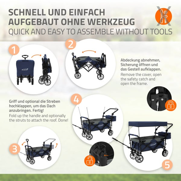 Hauki Bollerwagen XXL faltbar mit Dach & Tasche, Blau-Grau, Handwagen klappbar zum Schieben & Ziehen, Transportwagen für Kinder, 360° drehbare Vorderräder, PU Räder mit Bremsen, Transportkarre 120 kg