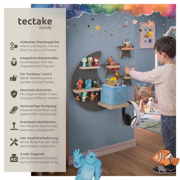 Tectake Wandregal Set in Mond und Sterne Form für Toniebox und Figuren mit integrierten Magnetstreifen und Kopfhörerhalterung im Kinderzimmer.
