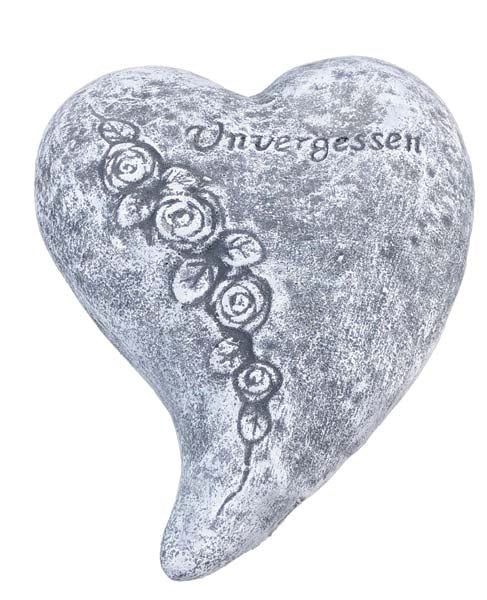 Grabschmuck in Herzform aus Stein mit Rosenrelief und Inschrift Unvergessen