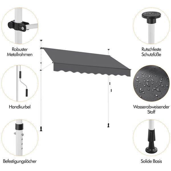 Freistehende Markise mit robustem Metallrahmen, Handkurbel, Befestigungslöchern, rutschfesten Schutzfüßen, wasserabweisendem Stoff und solider Basis