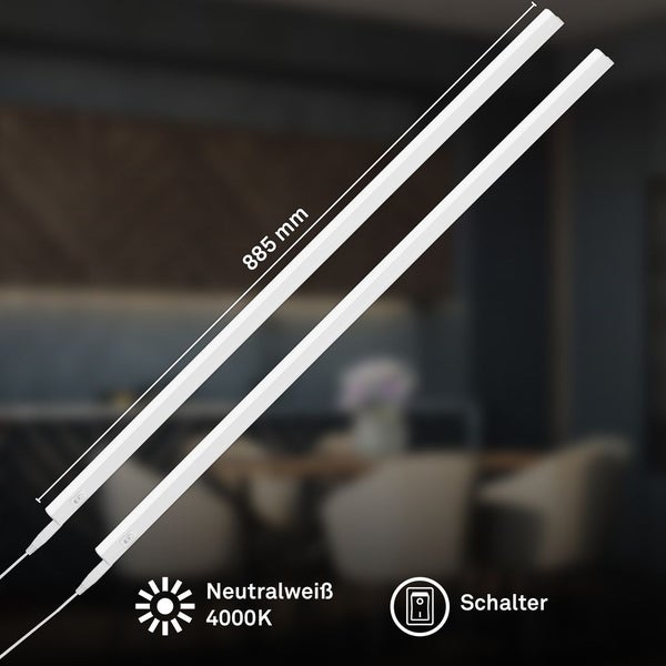 Zweiteiliges LED-Unterbauleuchten-Set, Länge 885 Millimeter, neutralweißes Licht mit 4000 Kelvin, inklusive integriertem Schalter.