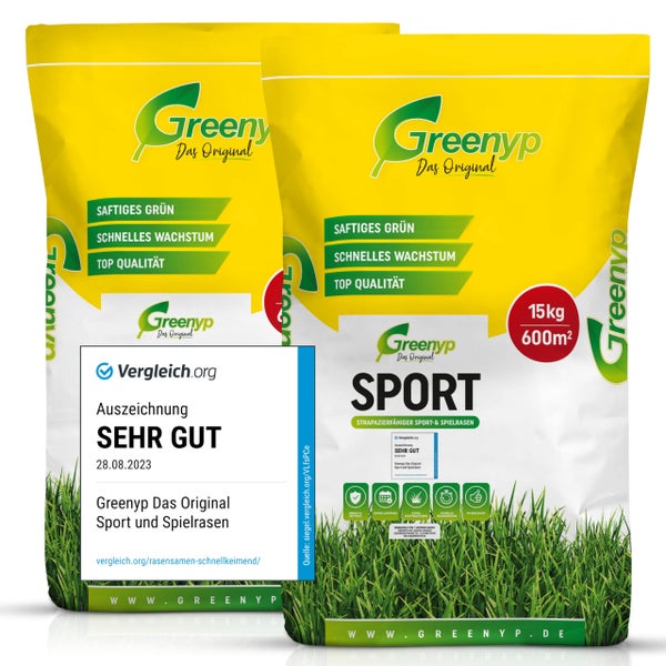 Greenyp Sport I strapazierfähiger Sport-& Spielrasen I 30kg für 1200m² I Sportrasen Grassamen Rasensamen Rasensaat Gras Nachsaat schnellkeimend