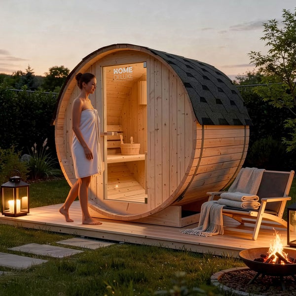 Frau vor einer hölzernen Fasssauna von Home Deluxe im Garten bei Abenddämmerung mit Holzterrasse und Feuerstelle